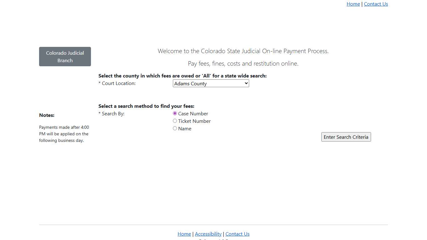 Colorado Judicial Online Payment System - Welcome Page